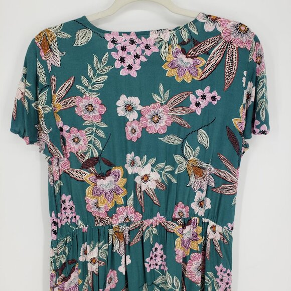 3/$25 Maurices Floral V Neck Dress M Flounce Hem Faux Wrap A Line Teal - Picture 6 of 9